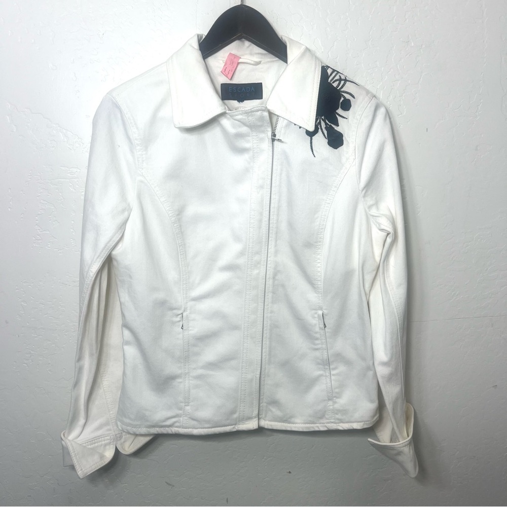 Escada Sport White Denim Zip Up Jacket Black Floral Appliqué and Beading Size M